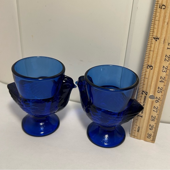 Arcoroc France Vintage Cobalt  Blue Glass Chicken Egg Cup Holders Hen On Nest 2 - Picture 3 of 16